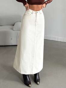 SHEIN Tall High Waist Regular Fit Button Front Casual Style Plain Off-White Color Rinse Wash Denim Skirt Weekend Everyday Autumn - Beige - View 1