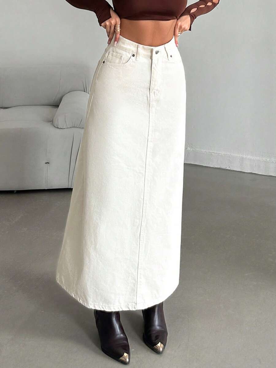 SHEIN Tall High Waist Regular Fit Button Front Casual Style Plain Off-White Color Rinse Wash Denim Skirt Weekend Everyday Autumn - Beige - View 1