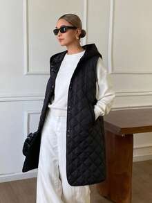 DAZY Solid Color Quilted Diamond Pattern Hooded Sleeveless Long Elegant Formal Autumn/Winter Women's Padded Coat - Black - View 6