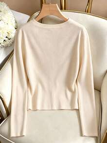 GlowEve Fashionable Autumn Single-Breasted Button Brushed Ribbed Slim Fit Long Sleeve Knit Women's T-Shirt - Apricot - View 2