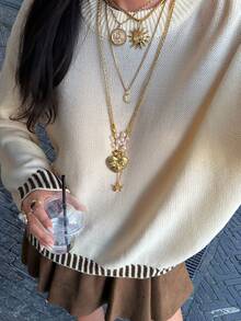 DAZY Women's Round Neck Dropped Shoulder Long Sleeve Patchwork Striped Loose Sweater - Apricot - View 6