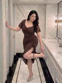 Vibekara Abito con maniche in pizzo, marrone caffè, adatto per appuntamenti romantici, feste formali, outfit per San Valentino, serate fuori, stile elegante e sexy per adulti - Caffè Marrone - Visualizzare 1