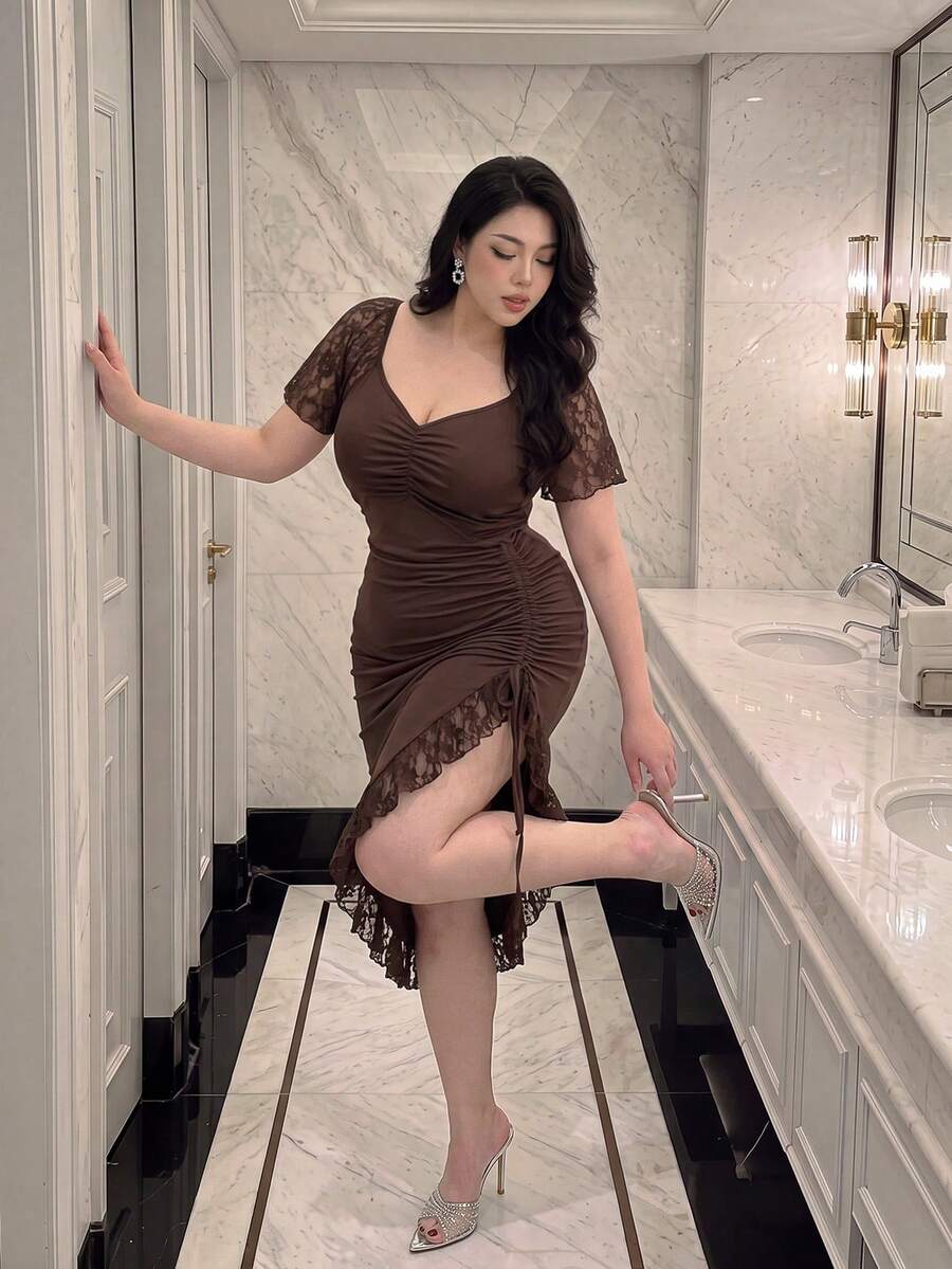 Vibekara Abito con maniche in pizzo, marrone caffè, adatto per appuntamenti romantici, feste formali, outfit per San Valentino, serate fuori, stile elegante e sexy per adulti - Caffè Marrone - Visualizzare 1