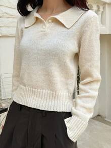 DAZY Sweater Rajut Wanita Lengan Panjang Warna Beige Polos, Potongan Ramping, Minimalis, Elegan - Krem - View 3