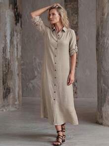 Faunlyn Women's Mid-Length Single-Breasted Short Sleeve Shirt Dress - Khaki - View 6