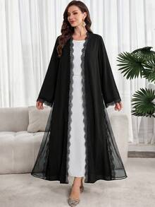 Al Najma Women's Solid Color Lace Patchwork Elegant Long Sleeve Abaya - Black - View 4