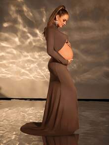 Cheriluna Maternity 孕婦純色優雅長袖鏤空魚尾下擺洋裝，適合攝影拍照，夏季穿著 - 棕色 - 查看 5