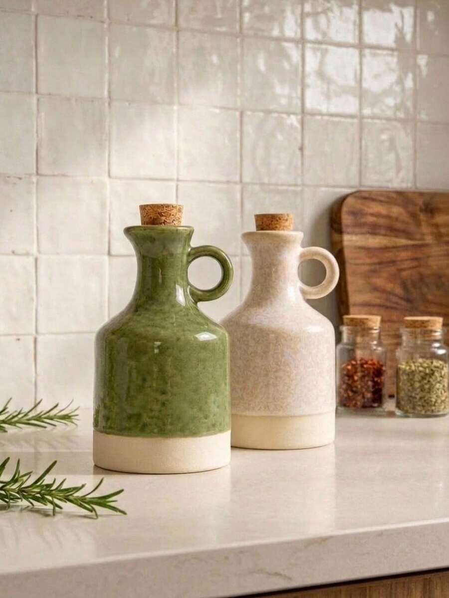 Cirelle 1pc Ceramic Olive Oil Dispenser Bottle With Handle & Cork Stopper, Handcrafted Pottery Oil & Vinegar Cruet, Two-Tone Glazed Liquid Dispenser Container For Kitchen Counter Decor (Green / Cream White) - View 1
