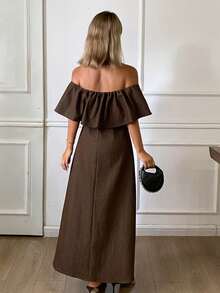 Livesso Women's Vintage Brown Solid Color Ruffle Ruffle Waist-Cinched Full Skirt Denim Dress - Brown - View 2