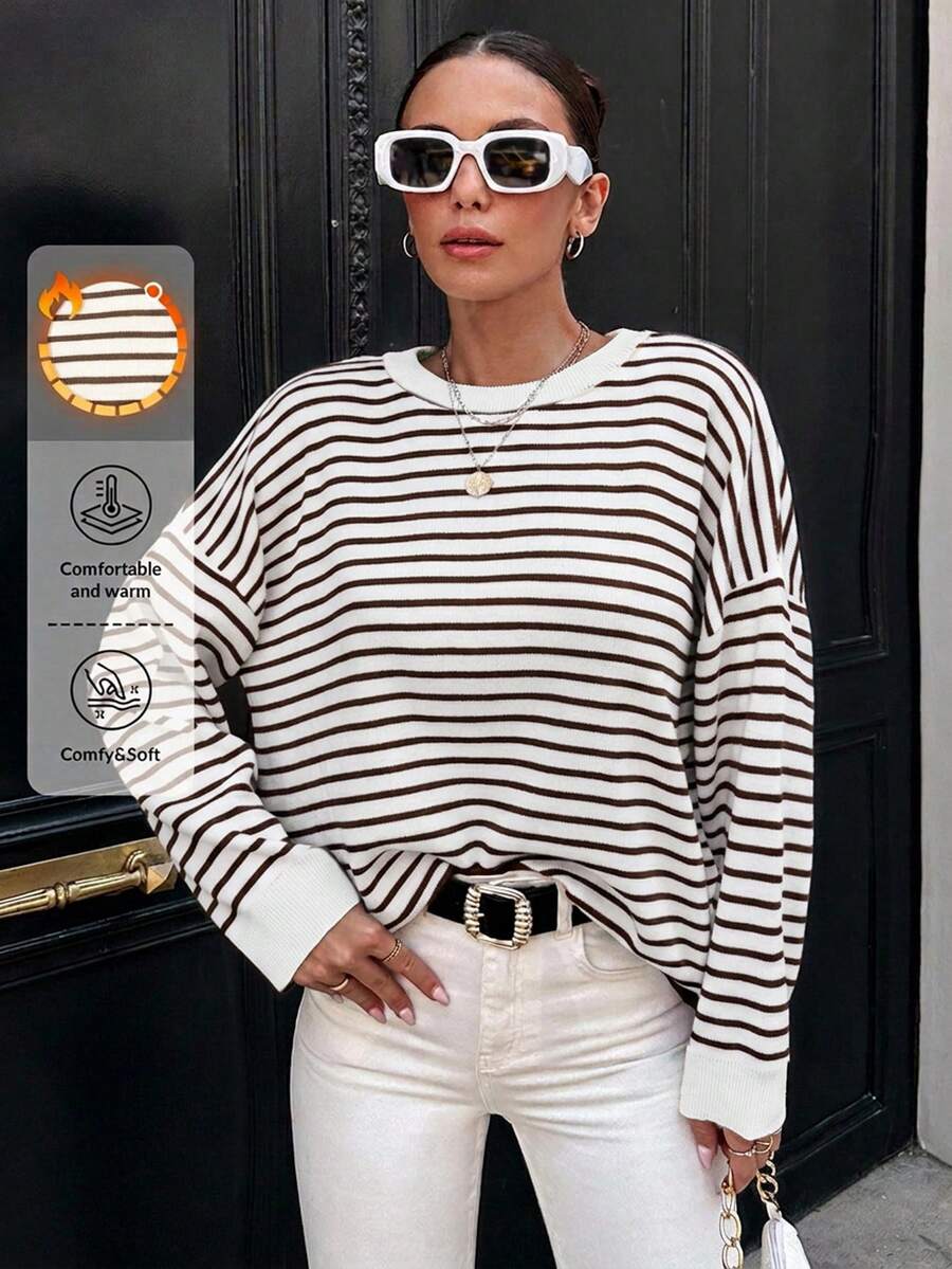 SHEIN Cottnline Women's Striped Drop Shoulder Sweater - Brown - View 1