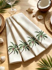 Cirelle 1/2/4 Pcs Embroidered Palm Tree Cloth Napkins, Off-White Dinner Napkins With Green Tropical Palm Embroidery, Washable Reusable Table Napkins For Dining Room Decor - Multicolor - View 9