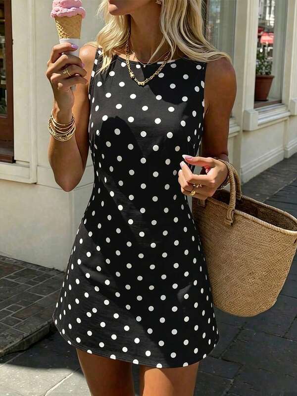 SHEIN PariChic Vintage French Black And White Polka Dot Print Sleeveless Dress, Round Neck, Waist-Cinching, Slimming, Elegant Commuter Vacation Short Dress Summer
