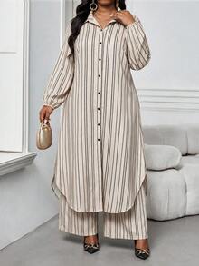 SHEIN Lady 大尺碼女款米色長袖單排扣長襯衫與寬腿褲休閒優雅兩件套，適合秋季早午餐、辦公室正式場合 - 彩色 - 查看 1