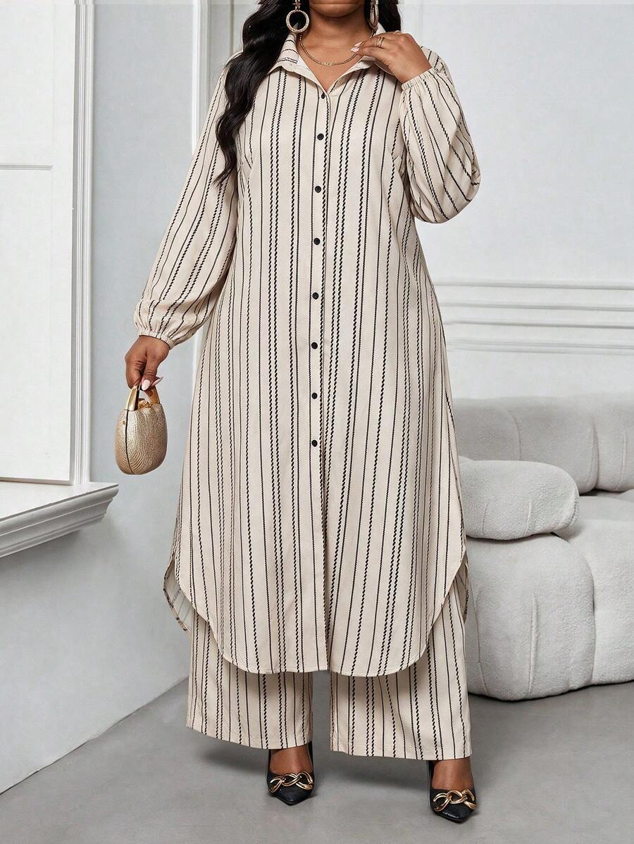 SHEIN Lady 大尺碼女款米色長袖單排扣長襯衫與寬腿褲休閒優雅兩件套,適合秋季早午餐、辦公室正式場合 - 彩色 - 查看 1