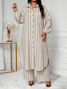 SHEIN Lady 大尺碼女款米色長袖單排扣長襯衫與寬腿褲休閒優雅兩件套，適合秋季早午餐、辦公室正式場合 - 彩色 - 查看 7