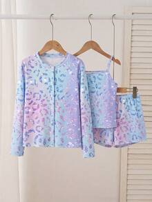 Tween Girl Leopard Print Long Sleeve Single-Breasted Top, Camisole And Shorts Casual Set - Multicolor - View 4