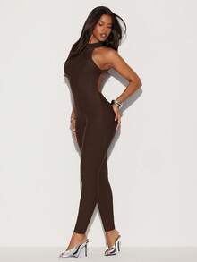 Hauture Women's Sexy High Mock Neck Fitted Bodycon Backless Jumpsuit - Brown - View 2