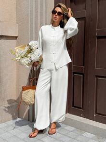 SHEIN PariChic Conjunto de 2 piezas de camisa y pantalones con botones de estilo chino elegante para mujer - Blanco - Ver 7