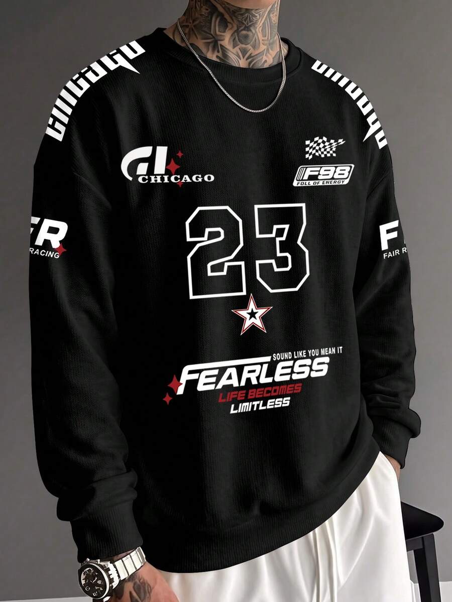 Sport MetroGents Dark Racing Graphic Crew Neck Sweatshirt For Men, Shoulder Sleeve Racing Letter Splicing Design, Soft Breathable Fabric, Relaxed Fit Daily Streetwear - Multicolor - View 1