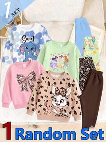 SHEIN 隨機 4 套買 1 送 1 女童套裝，經典豹紋、花卉、動物元素圖案印花圓領長袖羅紋運動衫，搭配同款圖案印花長款內搭褲，適合秋冬戶外活動，蝴蝶結、兔子、花朵 - 彩色 - 查看 3