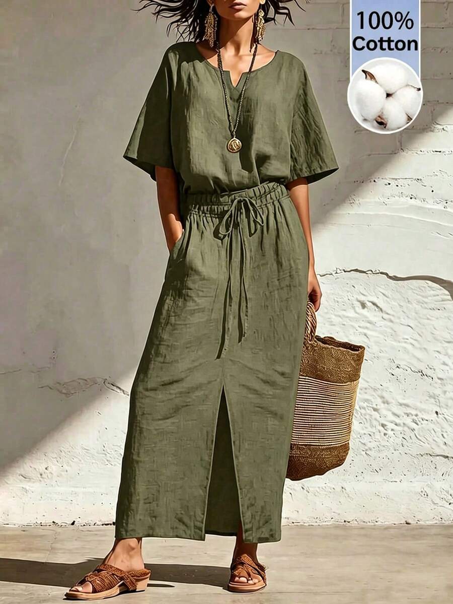 SHEIN Holidaya 夏季寬鬆棉質襯衫洋裝-收腰休閒度假洋裝 - 軍綠色 - 查看 1