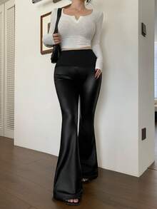 DAZY Summer Autumn New High Waist Slim Fit Solid Color Leather Fabric Flattering Flare Leg Women's Long Pants - Black - View 6