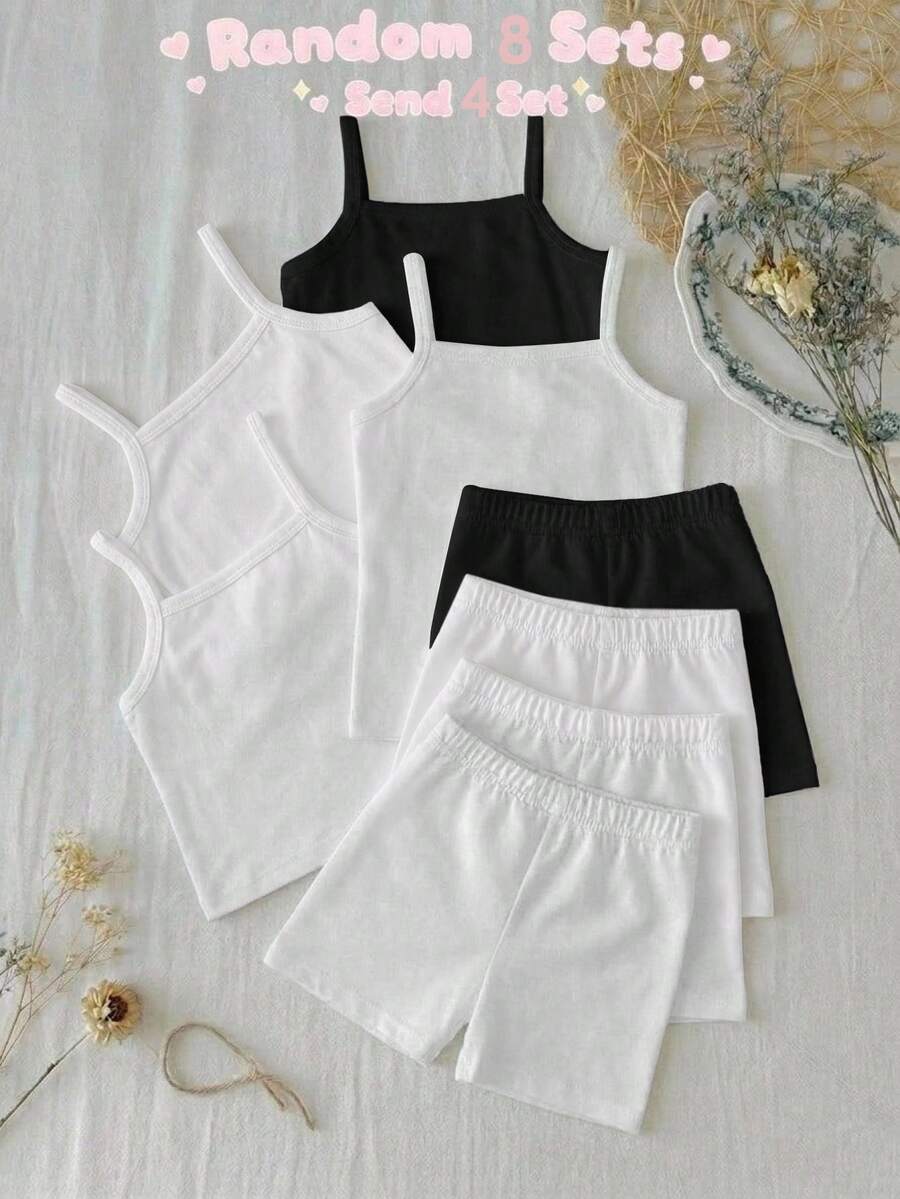 SHEIN Young Girls Spring Summer Cami Tank Top And Shorts Solid Color Multi-Color Cami Tank Top And Shorts Set Set 2pcs -Piece Set " Seasons" " Seasons" - Multicolor - View 1