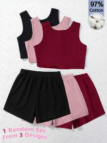 SHEIN Sparklyn 2 قطعة/مجموعة ملابس كاجوال متعددة الألوان من ملابس علوية بدون أكمام وشورت محبوك للفتيات المراهقات - عنابي اللون - مشاهدة 1
