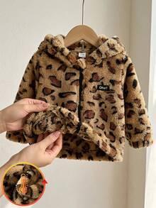 SHEIN Playful Pals 1件嬰幼兒男孩女孩可正反穿全印花卡其色外套，字母貼布嬰兒連帽夾克，兒童秋冬開襟衫，運動牛仔風保守款 - 彩色 - 查看 1