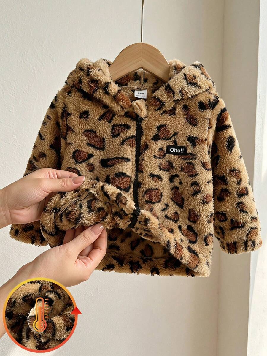 SHEIN Playful Pals 1件嬰幼兒男孩女孩可正反穿全印花卡其色外套,字母貼布嬰兒連帽夾克,兒童秋冬開襟衫,運動牛仔風保守款 - 彩色 - 查看 1