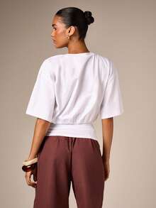 AiiRZ Cinch Waist Drawcord Ruched Crop T-Shirt Gathered Neckline Elbow Sleeve Casual Summer Top - White - View 4