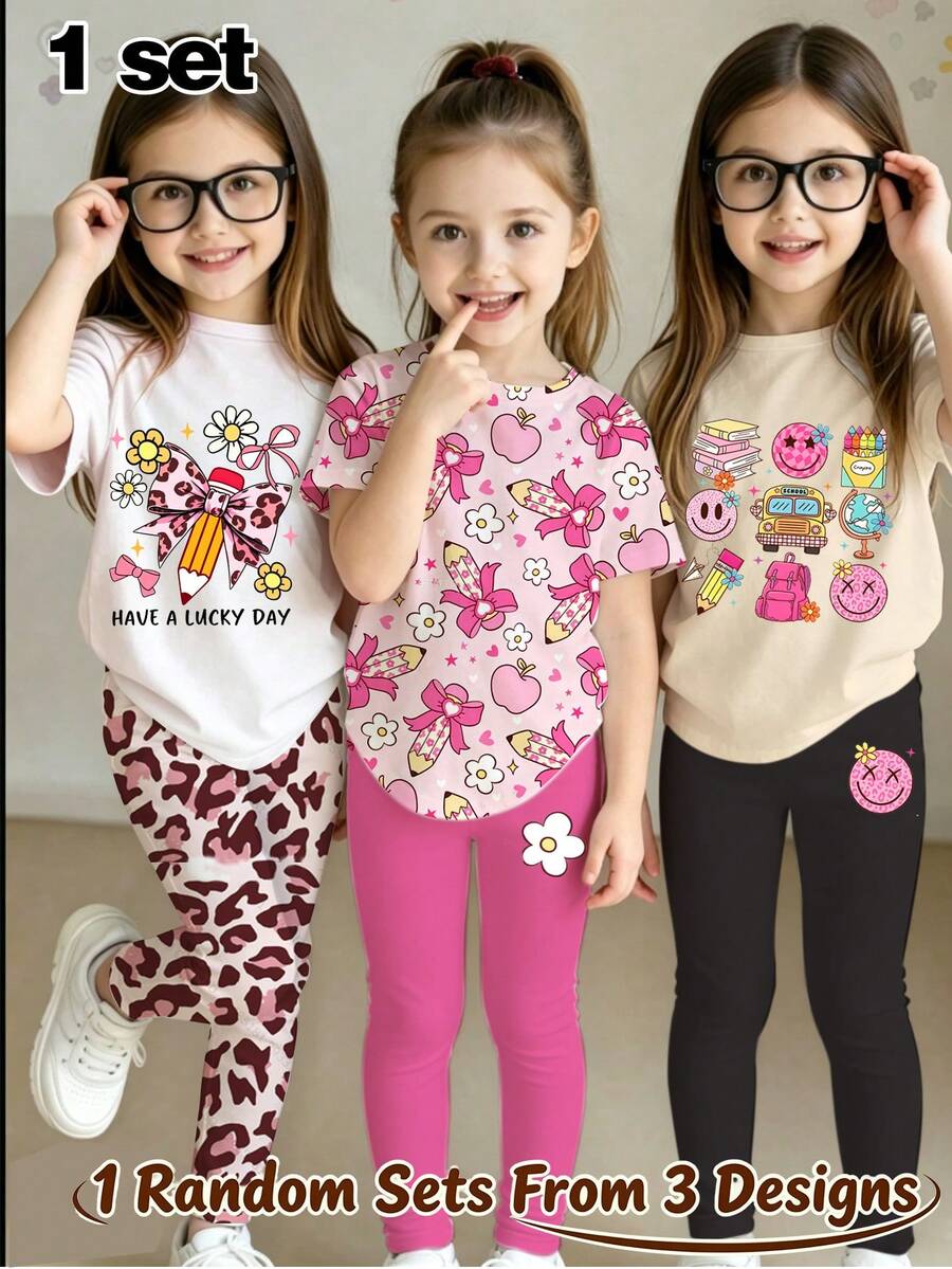 SHEIN Girls Sweet Back To School Style School Bus Print Cartoon Pencil Bow Short Sleeve Top And Long Pants 2pcs Set, Random 1 Set, Home Wear Outfit - Multicolor - View 1