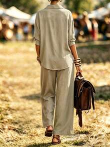 SHEIN LUNE 女款拼色長袖單排扣襯衫與長褲休閒套裝 - 彩色 - 查看 2