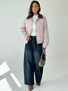 Aloruh Women's Fashion Single-Breasted Long Sleeve Pocket Jacket Streetwear - Pink - View 3