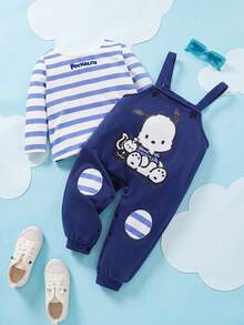 HELLO KITTY AND FRIENDS | SHEIN 男婴浅蓝色条纹长袖上衣和可爱小狗印花海军蓝色连体裤 - 藍色 - 查看 1