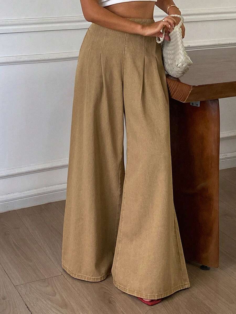 Livesso Women's Cotton High Waist Khaki Solid Color Loose Straight Wide Leg Casual Vacation Style Jeans Fall Everyday Work - Khaki - View 1