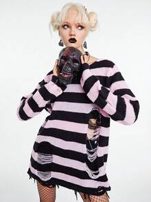 ROMWE Kawaii Striped Distressed Sweater, School - Multicolor - View 4