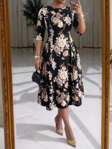 SHEIN Lady Plus Size Women's Floral Print 5-Sleeve Round Neck Elegant Dress High Tea Evening Party Black Summer - Multicolor - View 1