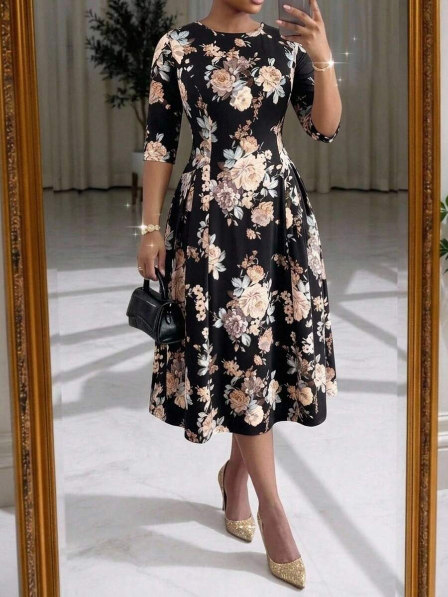 SHEIN Lady Plus Size Women's Floral Print 5-Sleeve Round Neck Elegant Dress High Tea Evening Party Black Summer - Multicolor - View 1
