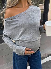 SHEIN Maternity Solid Color Asymmetric Shoulder Eyelet Button Decor Casual Versatile Long Sleeve Sweatshirt Going Out Casual Winter - Grey - View 1