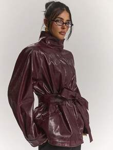 SHEIN BAE Jaket Trench Coat Wanita dengan Sabuk, Musim Gugur - Burgundy - View 6