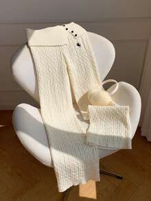 Comfortcana 女款刺繡麻花針織寬腿褲，適合夜生活與居家，黑白配色，秋季休閒款 - 杏色 - 查看 4