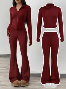 SHEIN Girlism NovaGlow 青少年女孩運動休閒日常針織素色開襟外套與喇叭褲套裝 - 紅色 - 查看 1