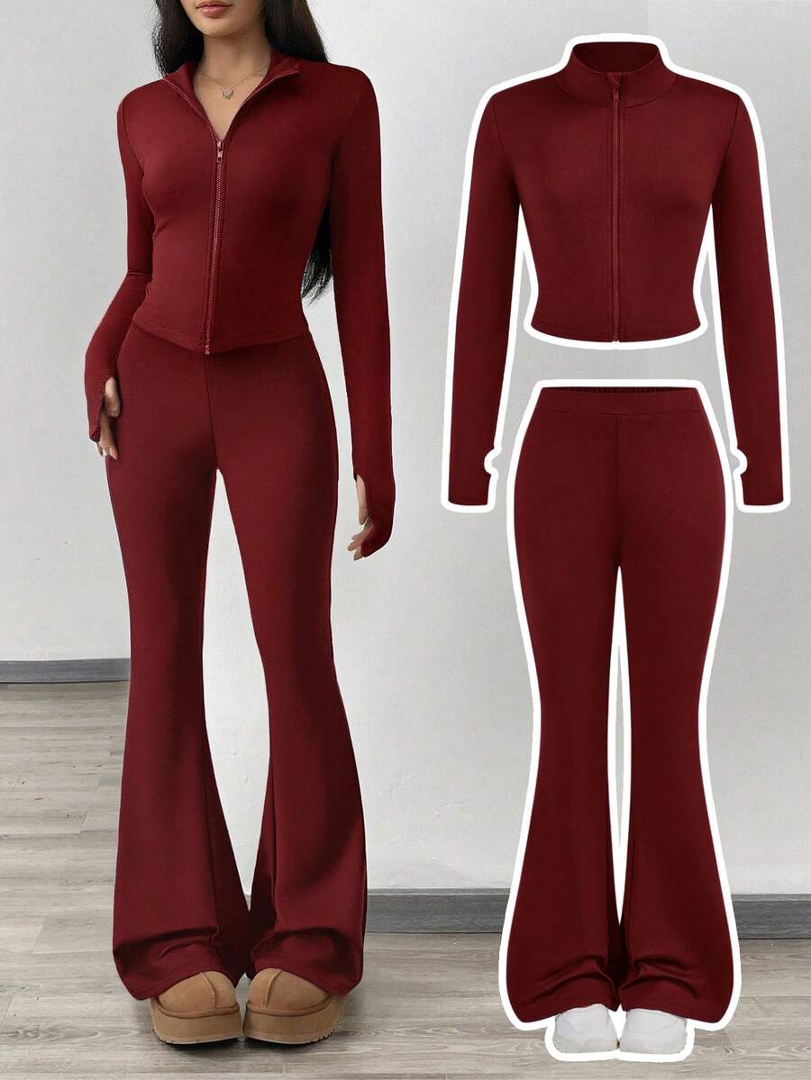 SHEIN Girlism NovaGlow 青少年女孩運動休閒日常針織素色開襟外套與喇叭褲套裝 - 紅色 - 查看 1