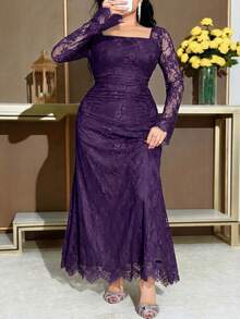 Feyla Plus Size Solid Color Square Neck Mesh Patchwork Elegant Long Sleeve Dress Fall - Purple - View 4