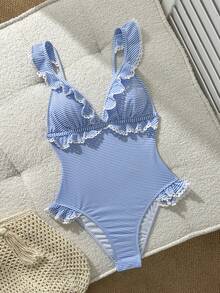 Swim Mod Women's Summer Beach Vacation Vacations Sweet And Cute Blue Striped Striped Ruched One-Piece Swimsuit. Coastal Cute - Multicolor - View 2