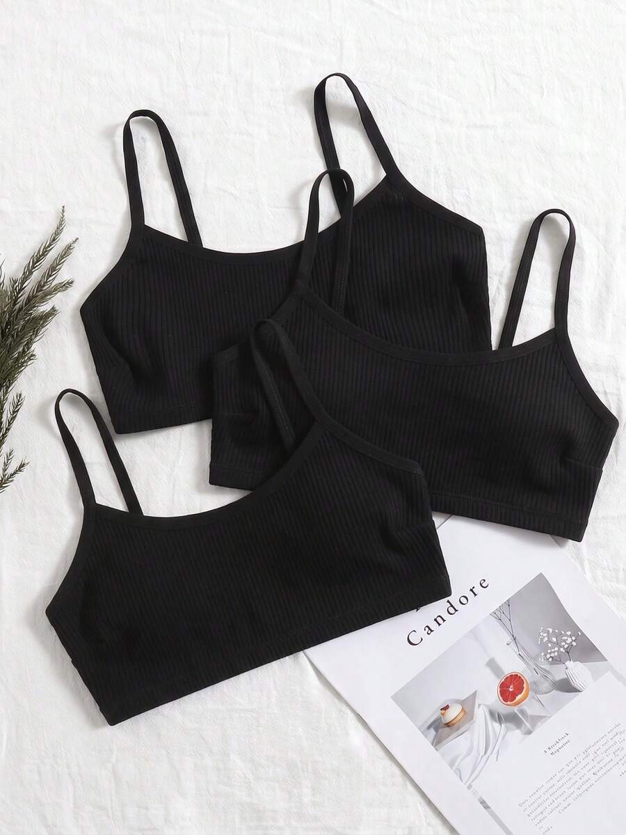 SHEIN Conjunto de 3 piezas de sujetador sin aros de color liso casual acanalado para mujer - Negro - Ver 1