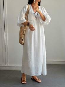 DAZY Summer Autumn Casual Sweetheart Neck Long Sleeve Ruched Waist Ruffle Hem Elegant Women Mid-Length Dress - White - View 6