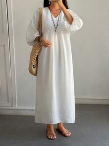DAZY Summer Autumn Casual Sweetheart Neck Long Sleeve Ruched Waist Ruffle Hem Elegant Women Mid-Length Dress - White - View 8