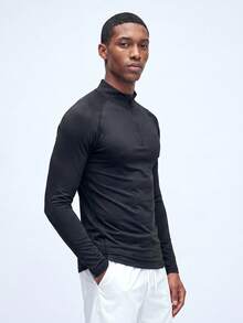 Nelvento Soul Men's Winter Plain Black Athleisure Gym Half-Zip Long Sleeve T-Shirt,Lightweight Breathable Fitted Compression Workout Tops,Sports Casual Running Tees - Black - View 1
